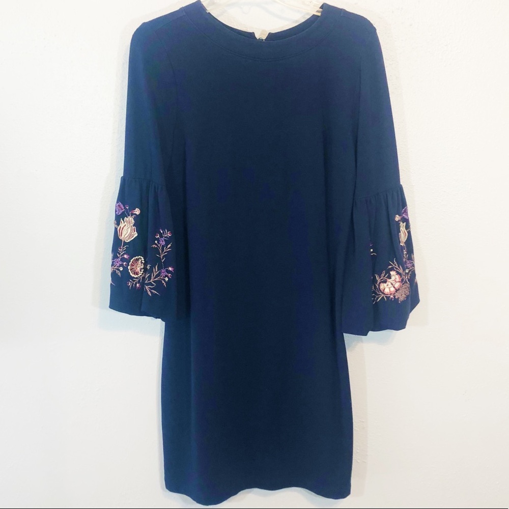 Loft navy shift dress w embroidered bell sleeves M